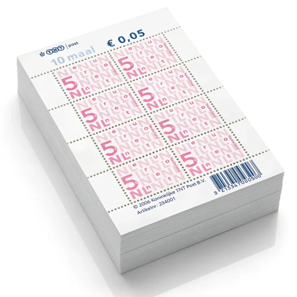 Stapel bijplakzegels 5 cent van goedkopezegels.nl
