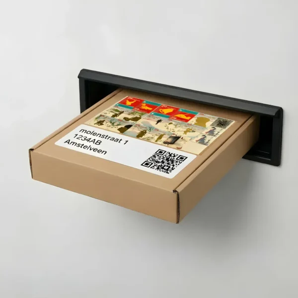 Goedkope postzegels op sticker op brievenbuspakketje