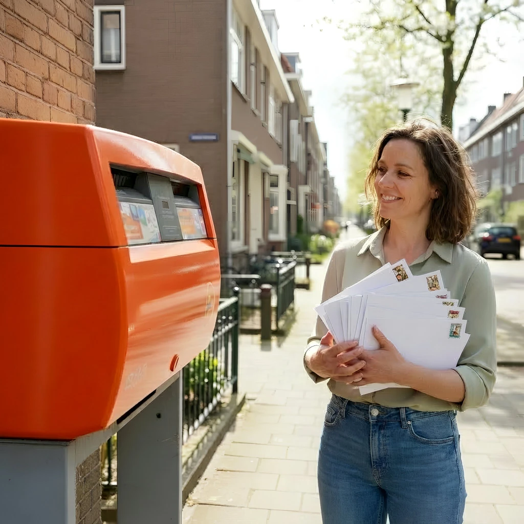 Vrouw met stapel brieven met goedkope postzegels erop bij brievenbus